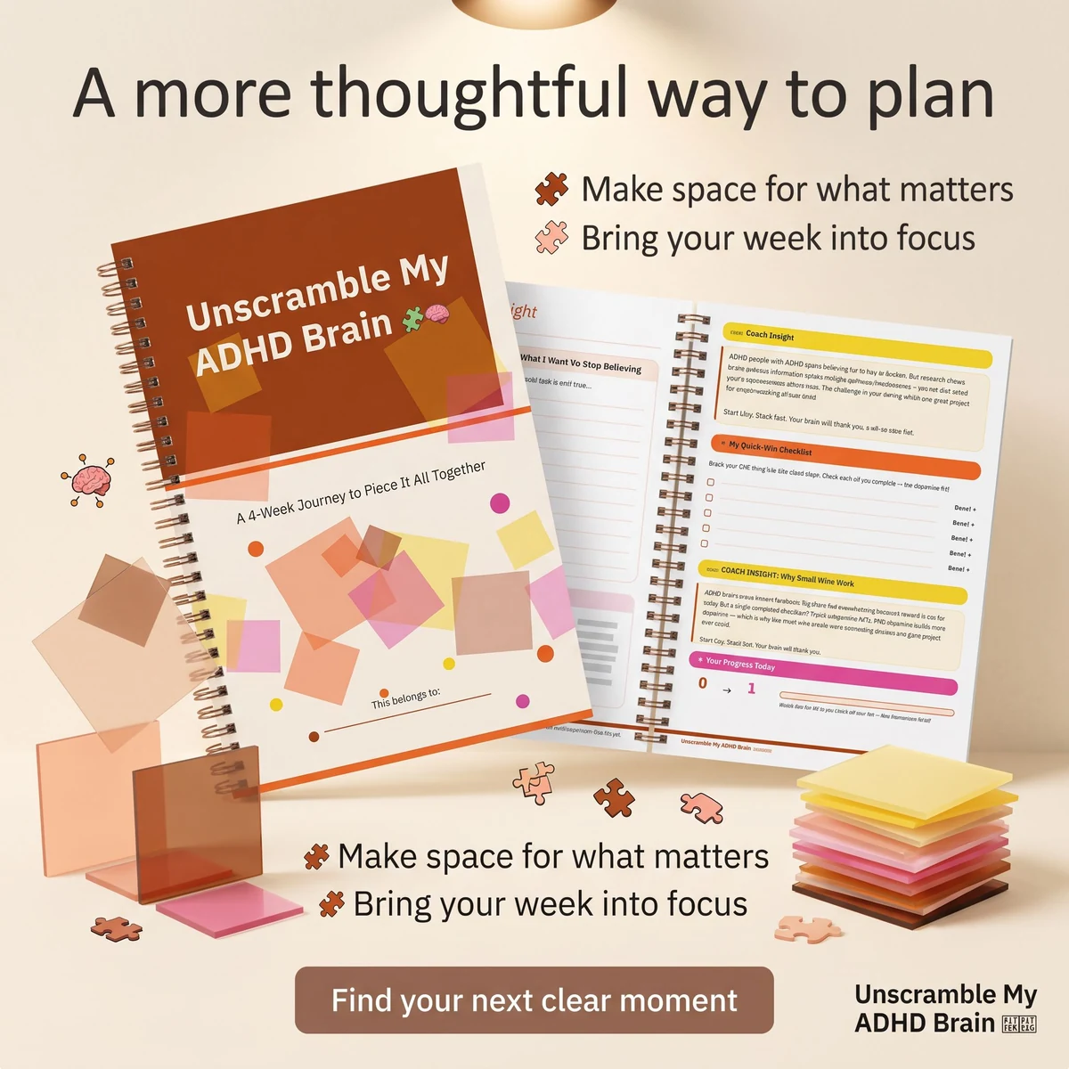 Warm beige Unscramble My ADHD Brain promotion with an orange spiral-bound planner, open sample pages, puzzle pieces and colourful sticky notes.