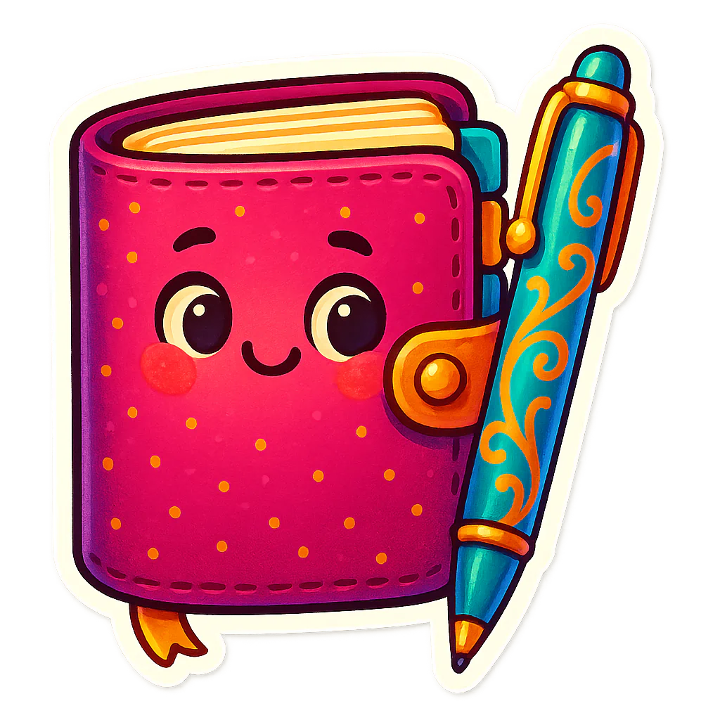 Pink smiling planner character beside a colourful pen