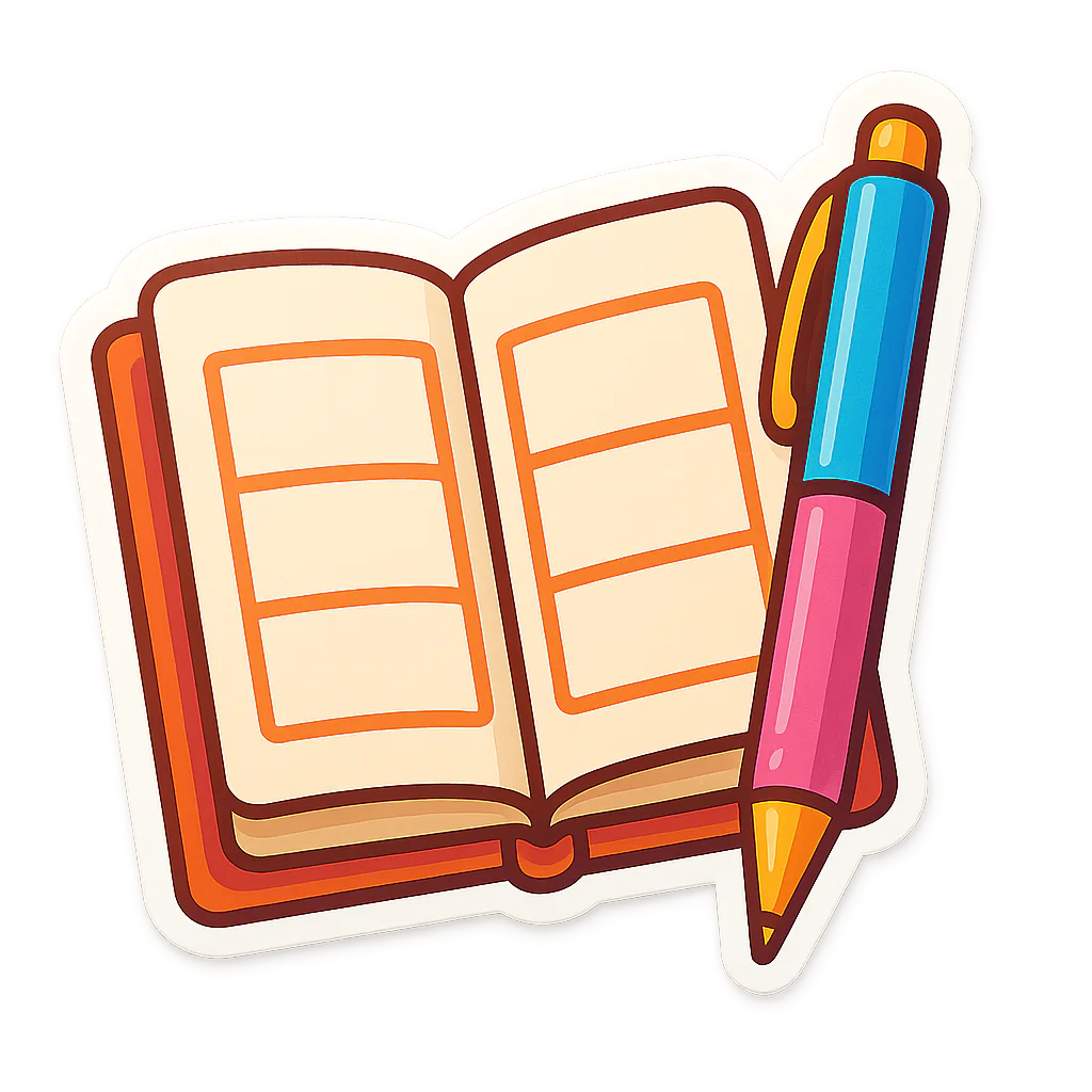 Open illustrated planner with a colourful pen
