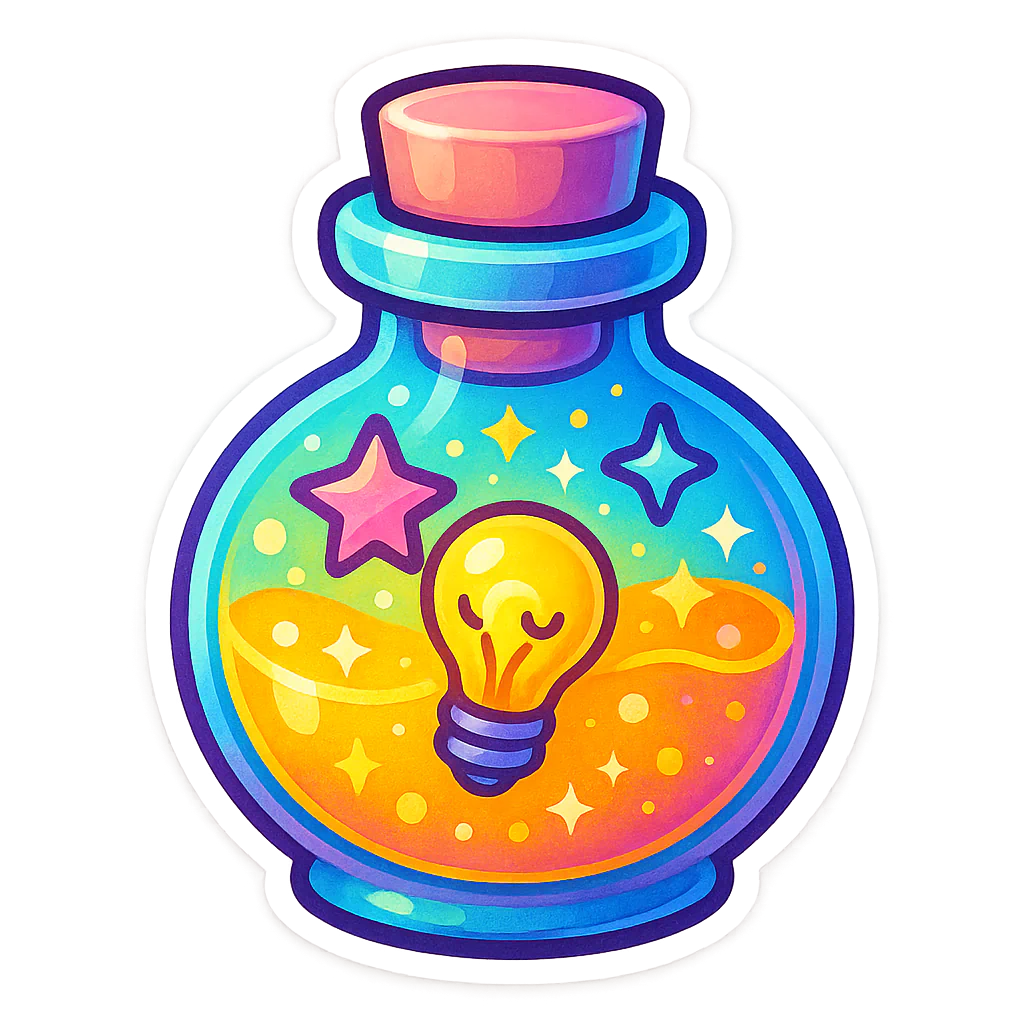 Pastel potion bottle with a glowing light bulb and stars inside
