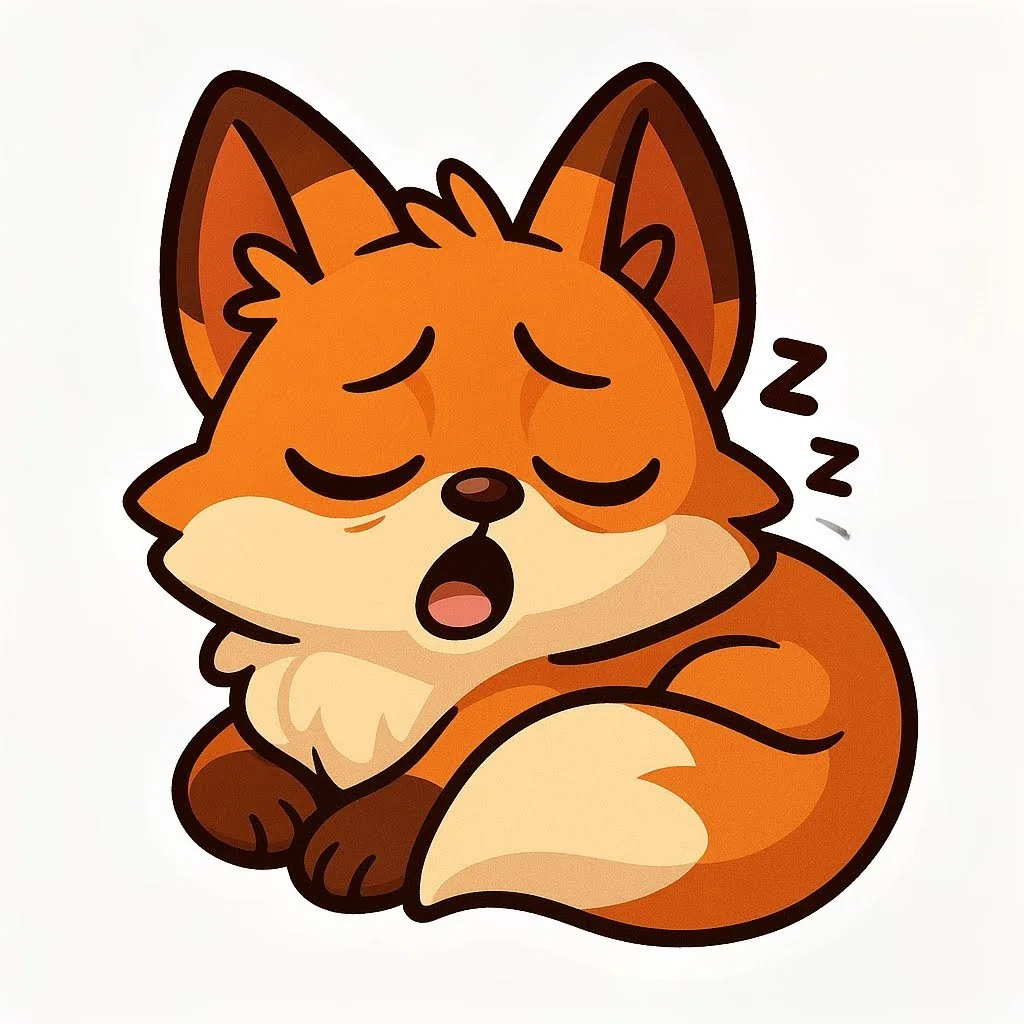 Curled-up orange fox with closed eyes and small sleep symbols