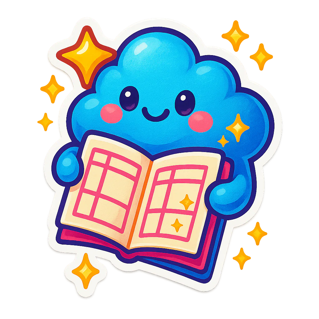 Smiling blue cloud holding a small illustrated planner