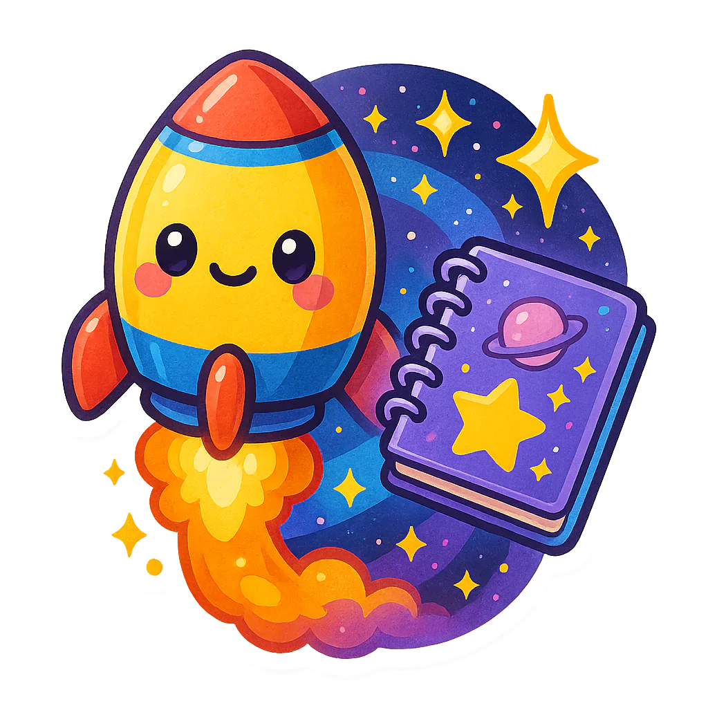 Colourful rocket and stars beside an illustrated planner in a night-sky scene