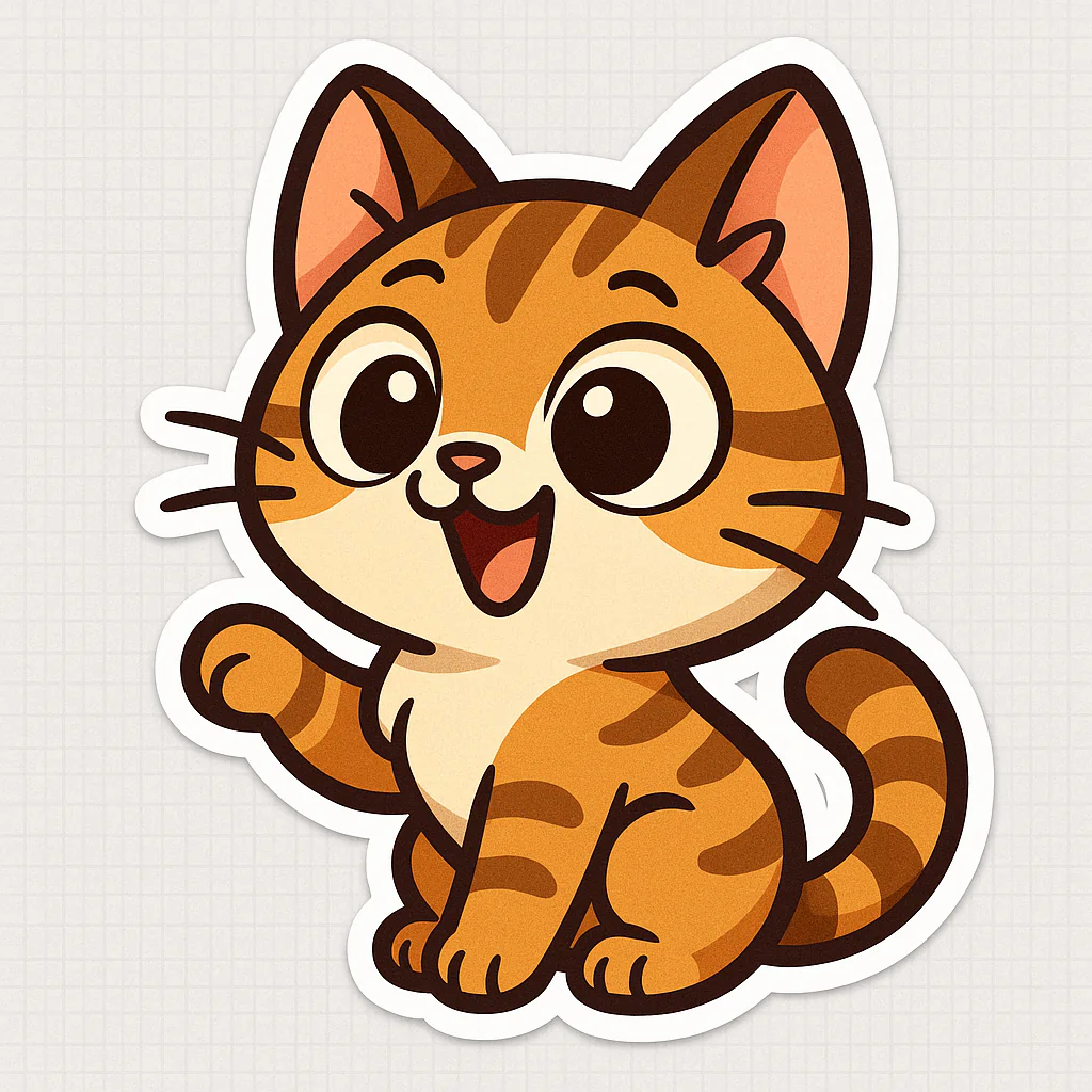 Brown-and-cream cartoon cat raising one paw