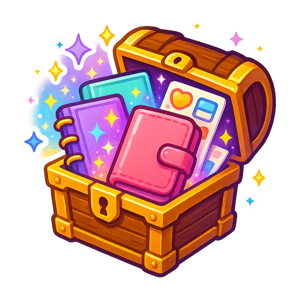 Open treasure chest filled with colourful planner pages and stationery