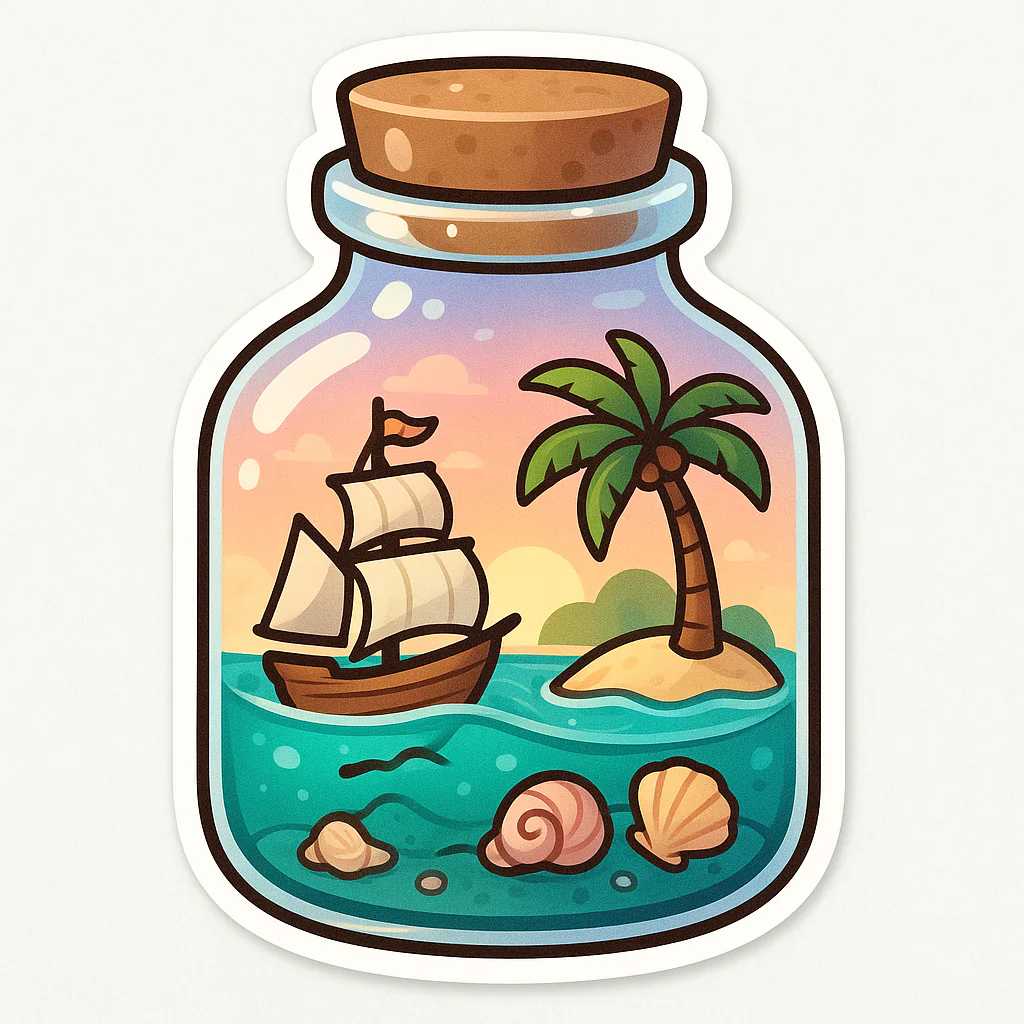 Glass jar containing a miniature beach scene with a palm tree and sailboat