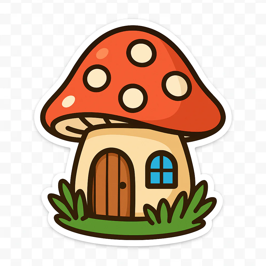 Small cottage beneath a red mushroom cap with white spots