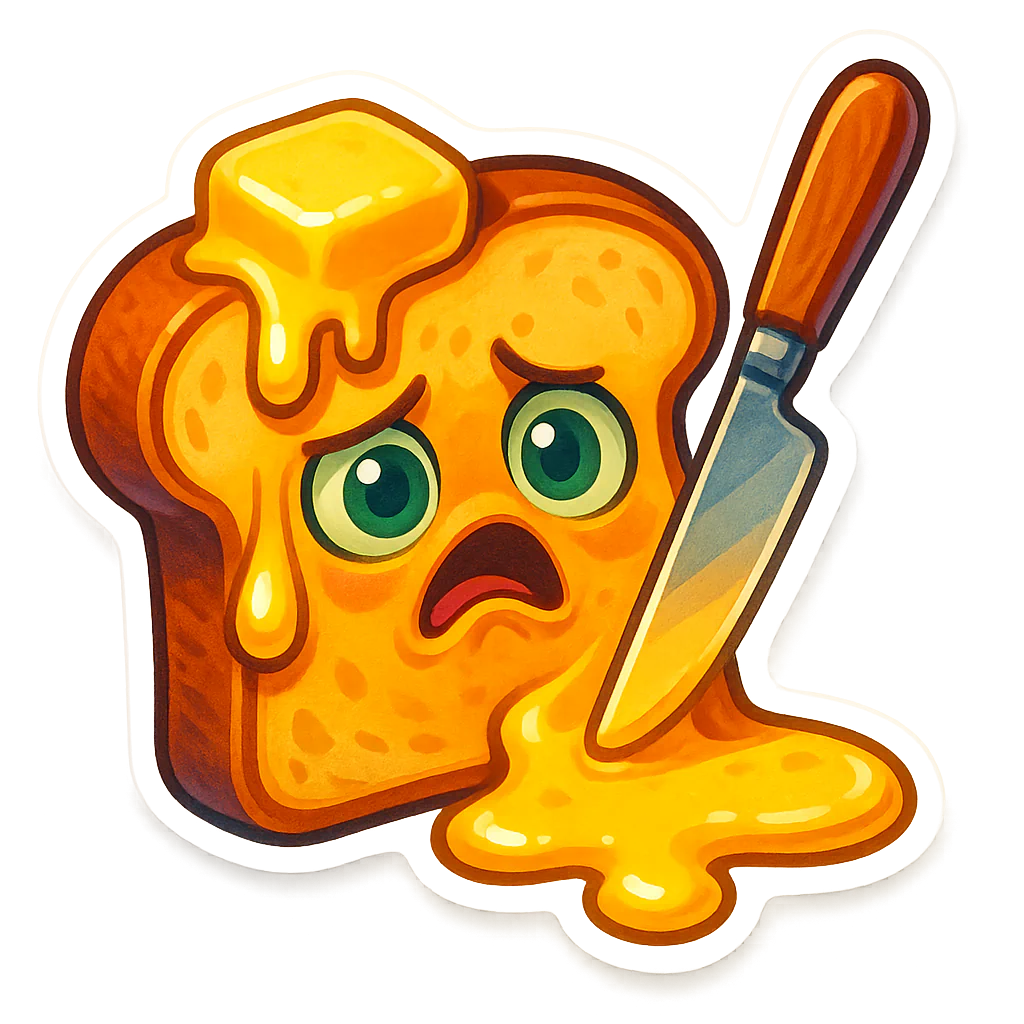Alarmed slice of buttered toast with melting butter and a spreader