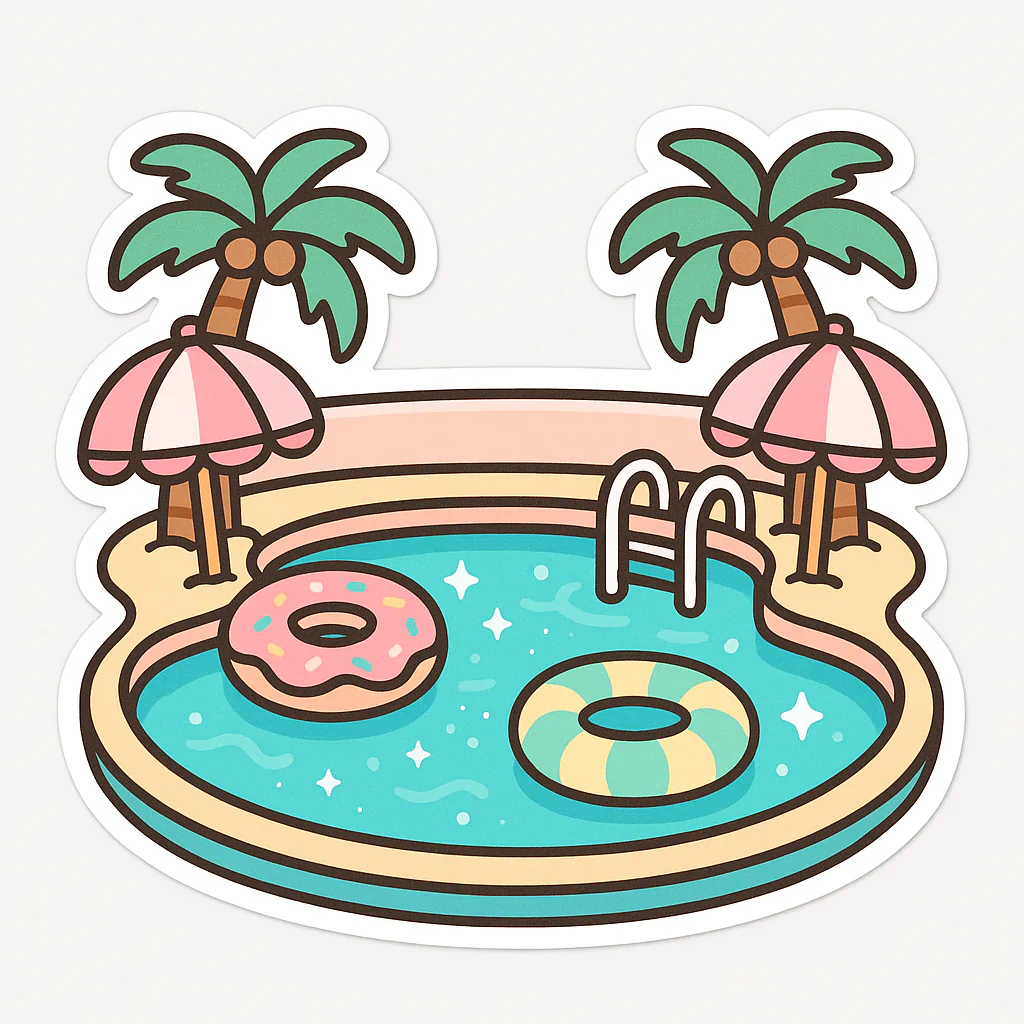 Small pastel swimming pool with two palm trees