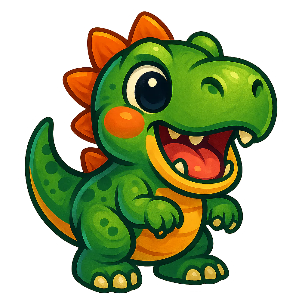 Green cartoon dinosaur with orange spikes and an open smile