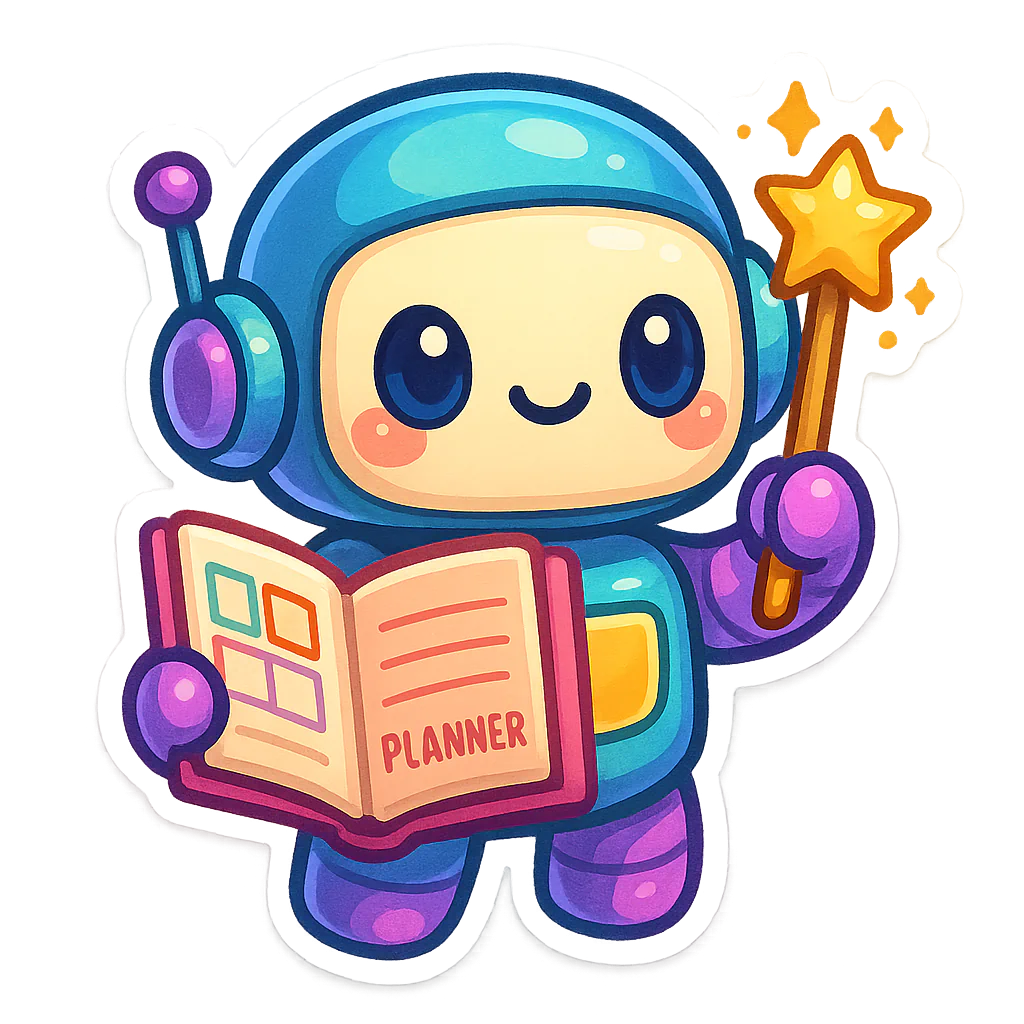 Cute robot in a blue round helmet holding an illustrated planner