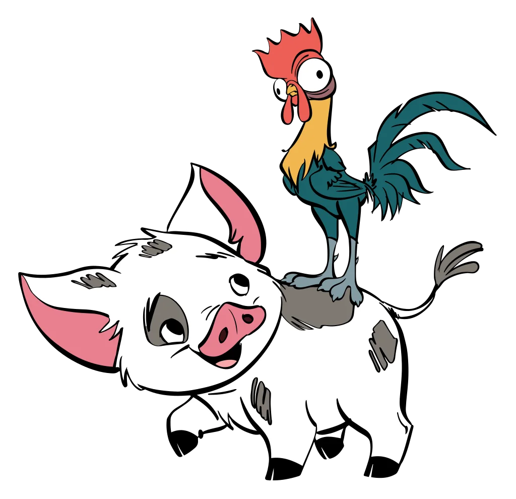 White cartoon pig with a pink snout beside a tall rooster with a red comb and dark green tail.