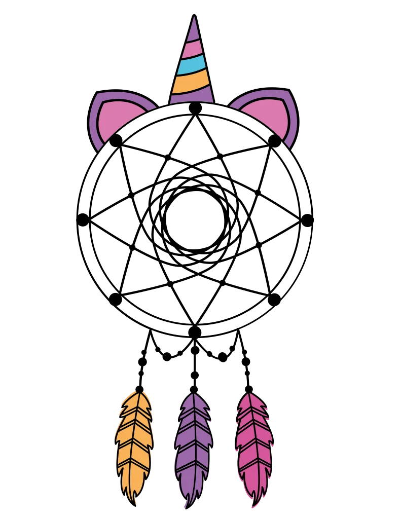Pastel striped horn and pink ears above three outlined feather charms.