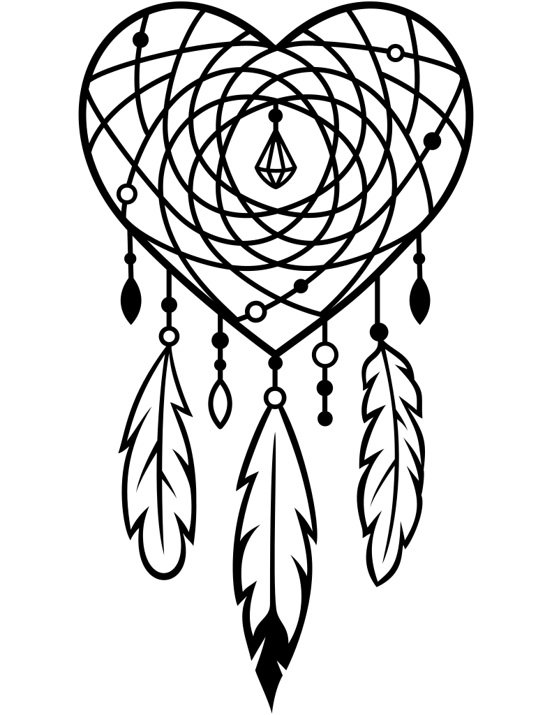 Black looping heart-shaped ornament with a small central motif and dangling feather-like strands.