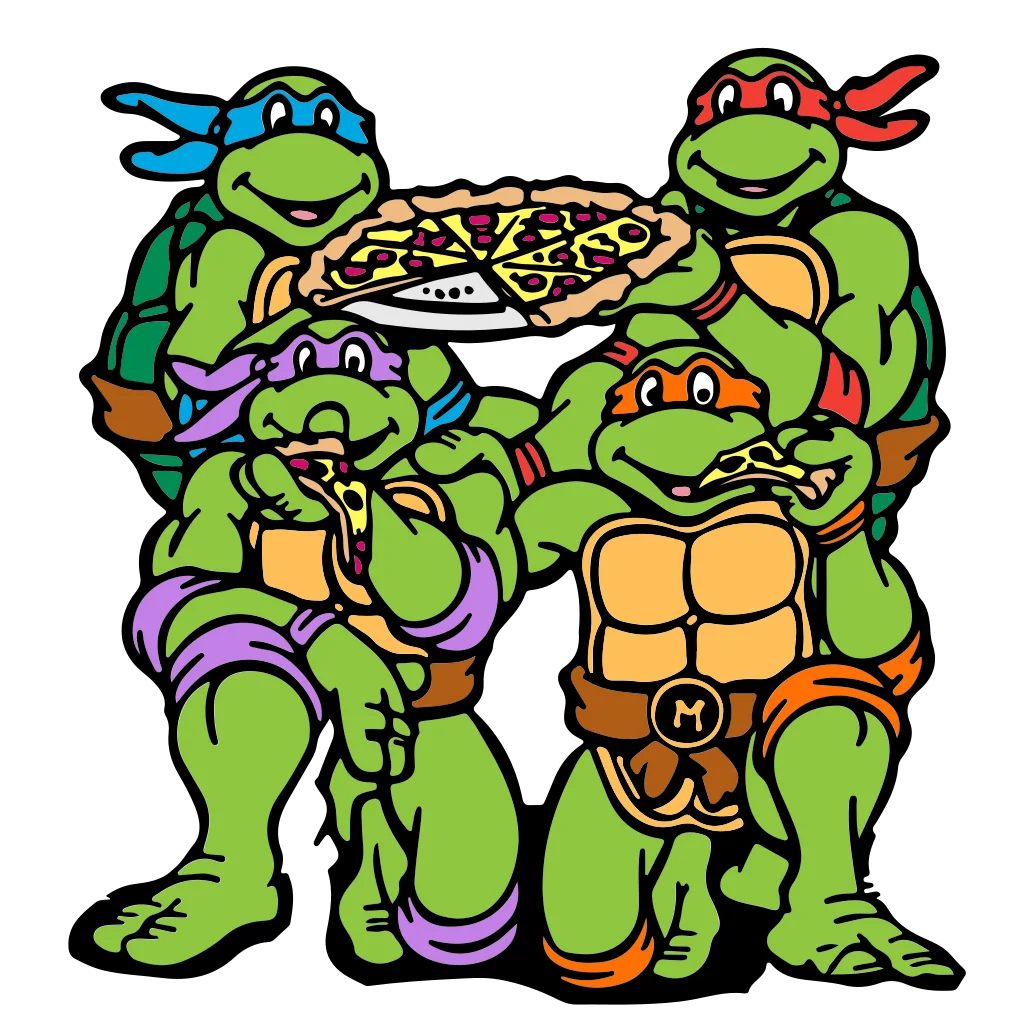 Four green, masked cartoon turtles grouped together in colourful outfits.