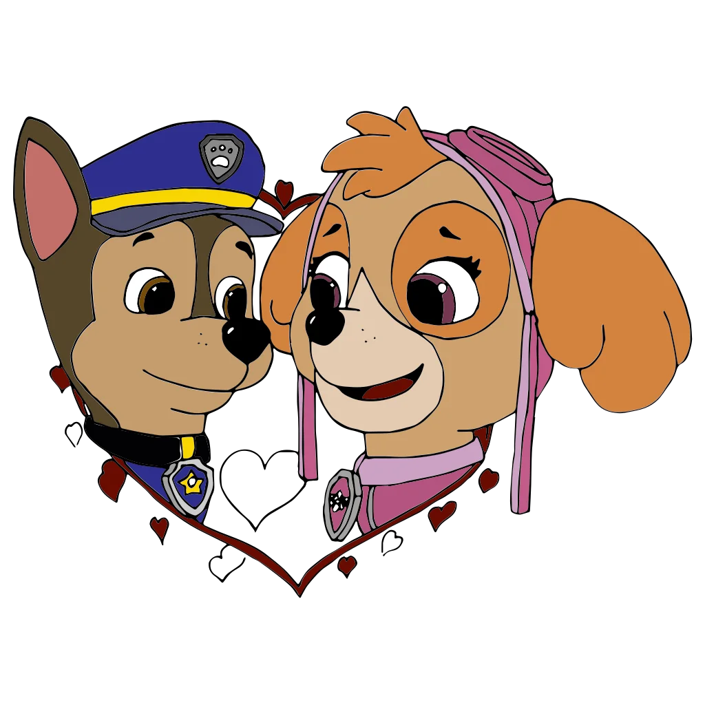 Two friendly cartoon dogs, one in a blue cap, posed above a pink heart.