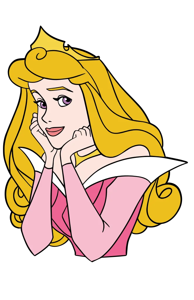 Blonde cartoon woman in a pink dress with a small gold crown and flowing hair.