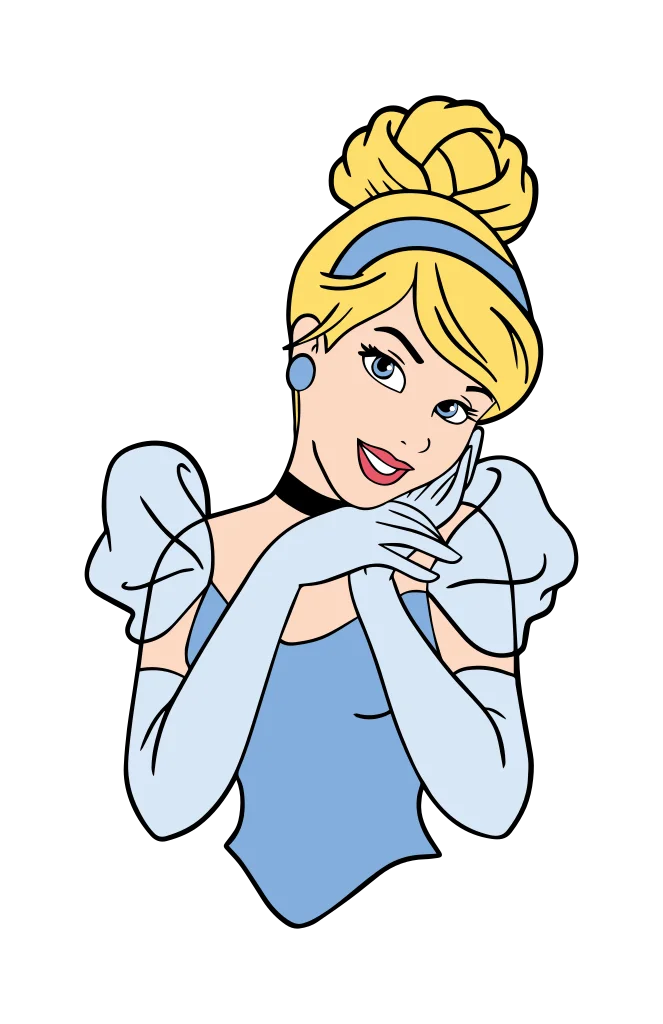 Light-haired cartoon woman in a pale blue gown with a bun, headband and clasped hands.