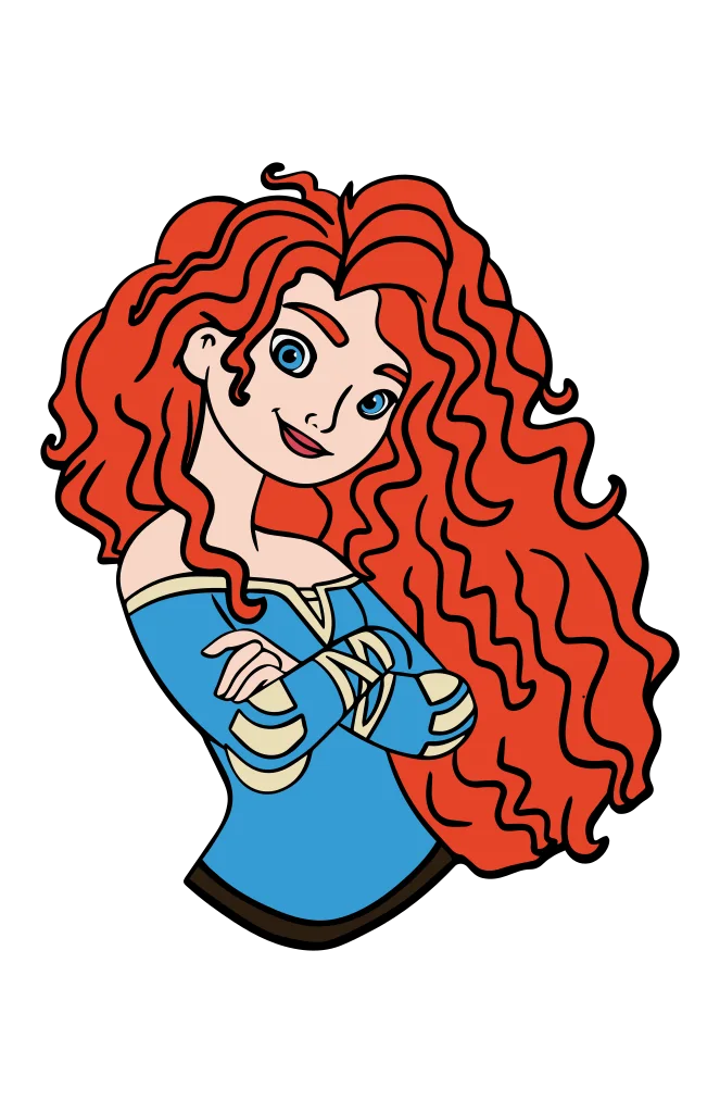 Cartoon woman with voluminous curly red hair, wearing a blue top and looking to one side.