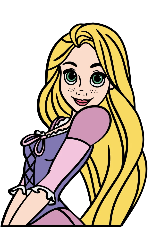 Cartoon woman with very long blonde hair and a lavender-pink bodice, shown turned to one side.