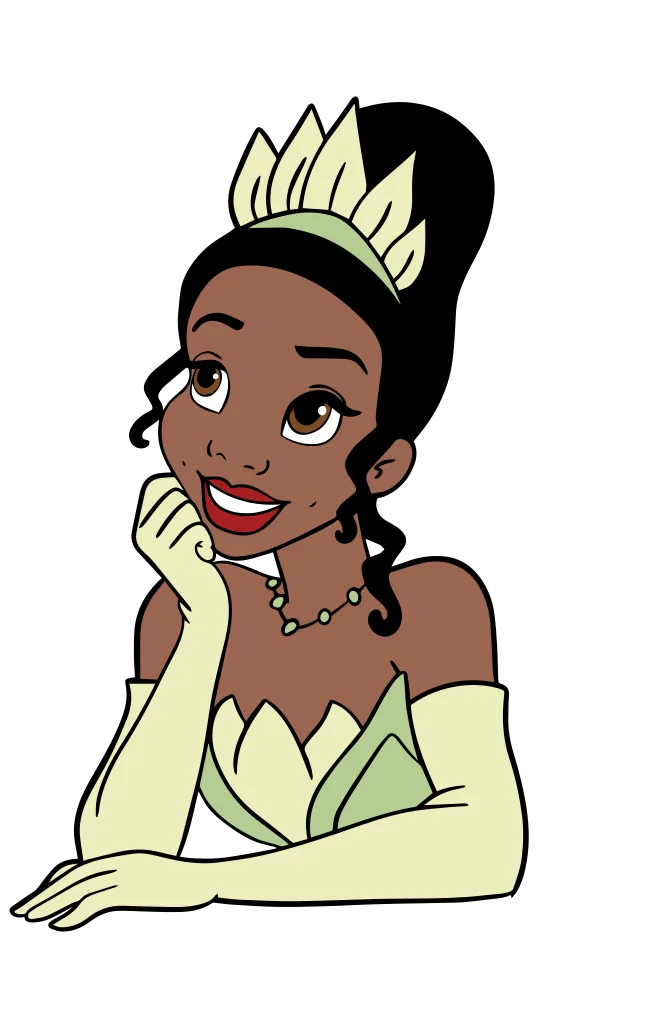 Dark-skinned cartoon woman with a high bun, wearing a pale green off-shoulder gown.