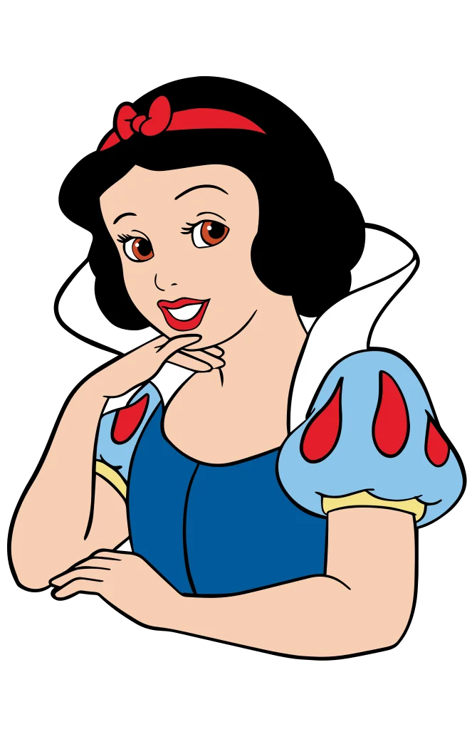Cartoon woman with a short black bob and red headband, wearing a blue bodice with puff sleeves.