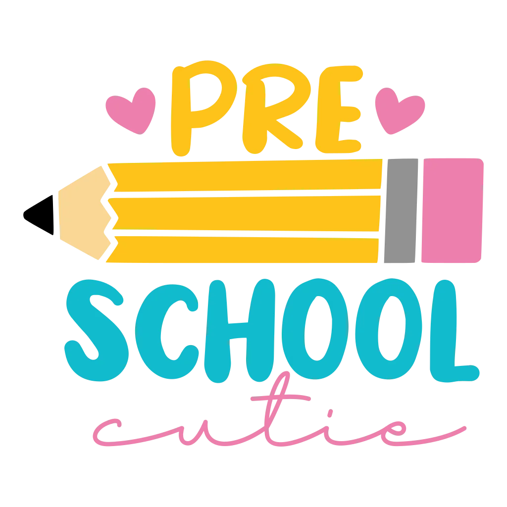 Colourful “Pre-School Cutie” lettering arranged around two pencils and a small heart.