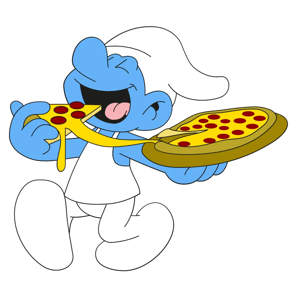 Small blue cartoon figure in white clothing and a white hat, carrying a tray with a pie.