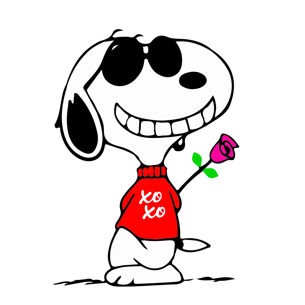 White cartoon dog with dark sunglasses, a red shirt and a small pink flower.