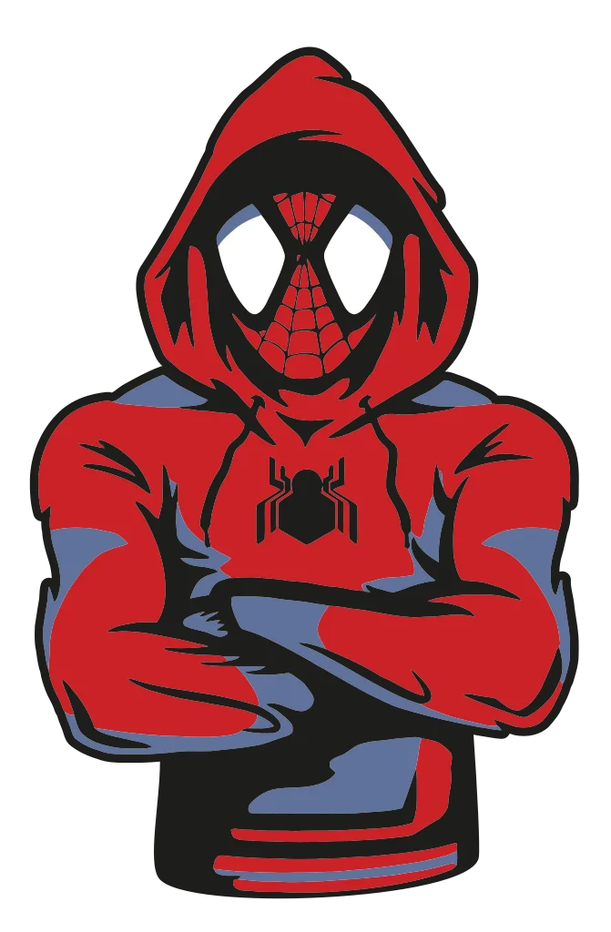 Red-suited masked cartoon figure seated with arms folded across the chest.