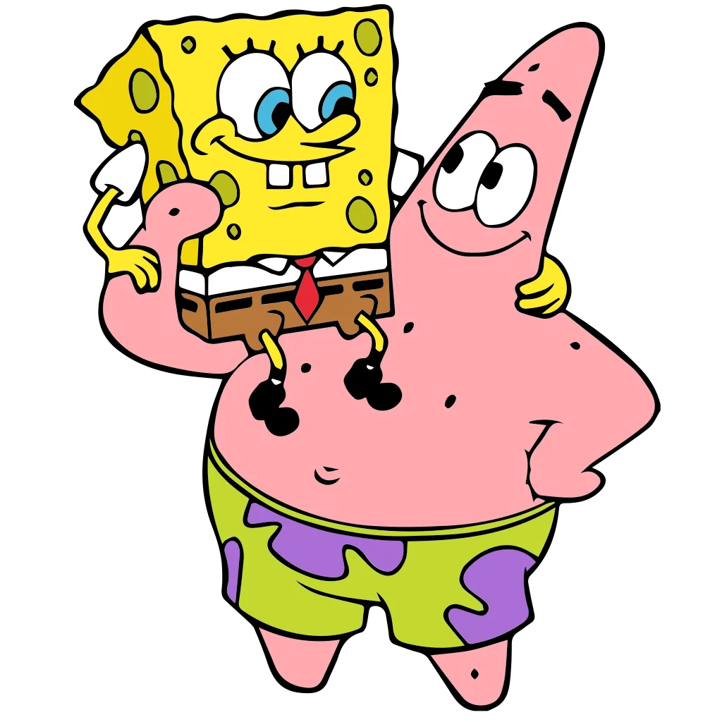 Yellow square-shaped cartoon figure standing beside a smiling pink star-shaped figure.