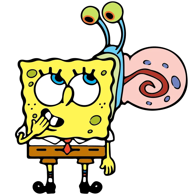 Yellow square cartoon figure beside a pink-orange snail with a spotted shell and raised eyes.