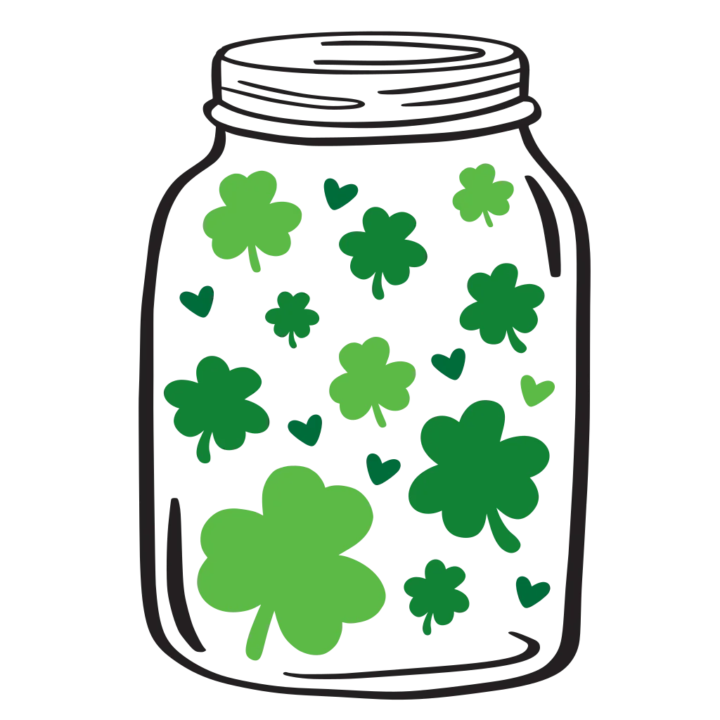 Outlined glass jar filled with bright green clover leaves and small clover shapes.