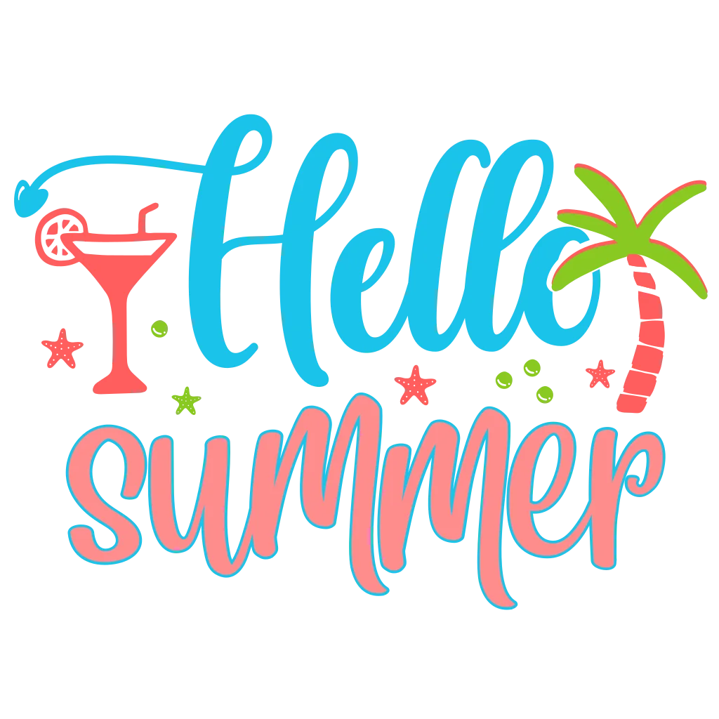 Blue and pink “Hello Summer” script with small tropical leaves and a pink drink illustration.
