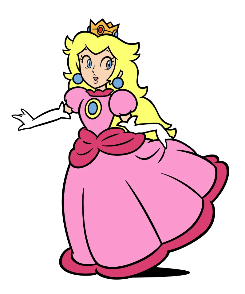 Blonde cartoon woman in a full pink ballgown with a small crown and one hand raised.