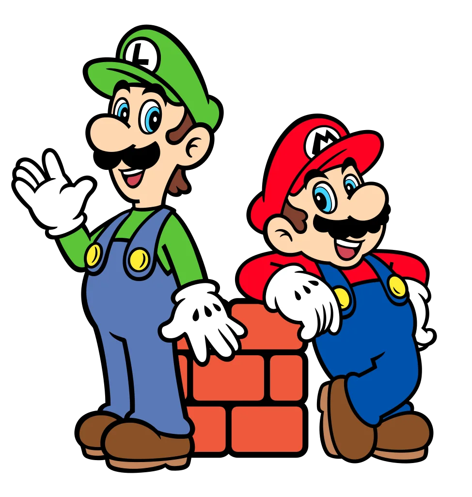 Two colourful cartoon figures in green and red outfits standing beside a short stack of red bricks.