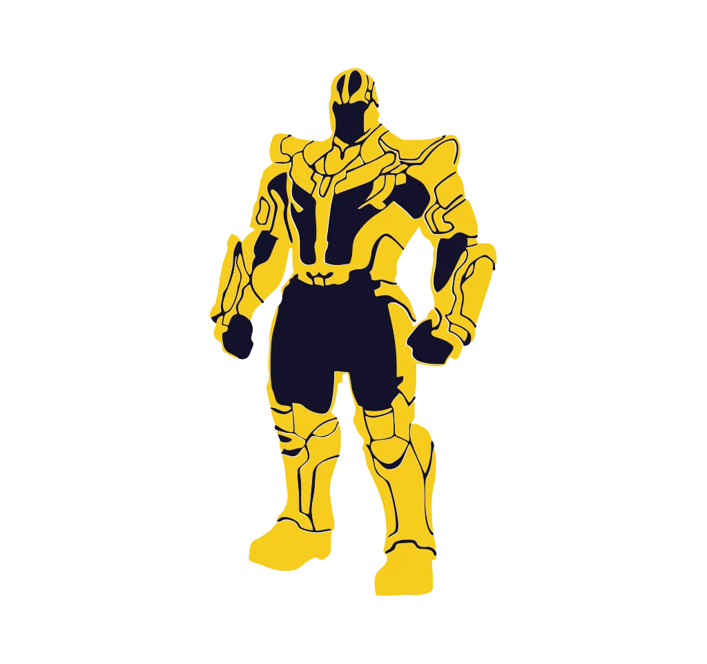 Full-body gold-and-black armoured cartoon figure standing against a white background.