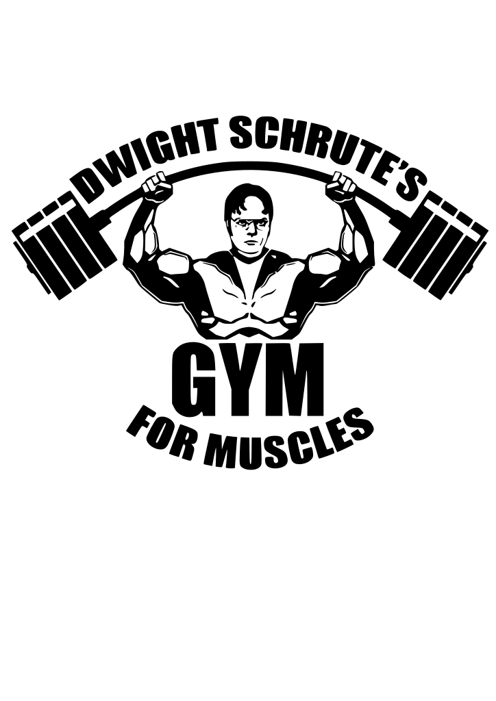 Black curved lettering arranged around a small weightlifting barbell.