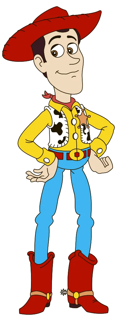Full-length cartoon cowboy wearing a red hat, yellow shirt, blue trousers and brown boots.
