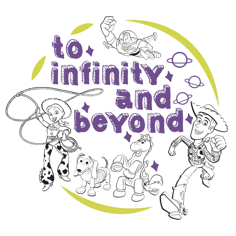 Purple “To infinity and beyond” lettering surrounded by small outlined space-themed illustrations.