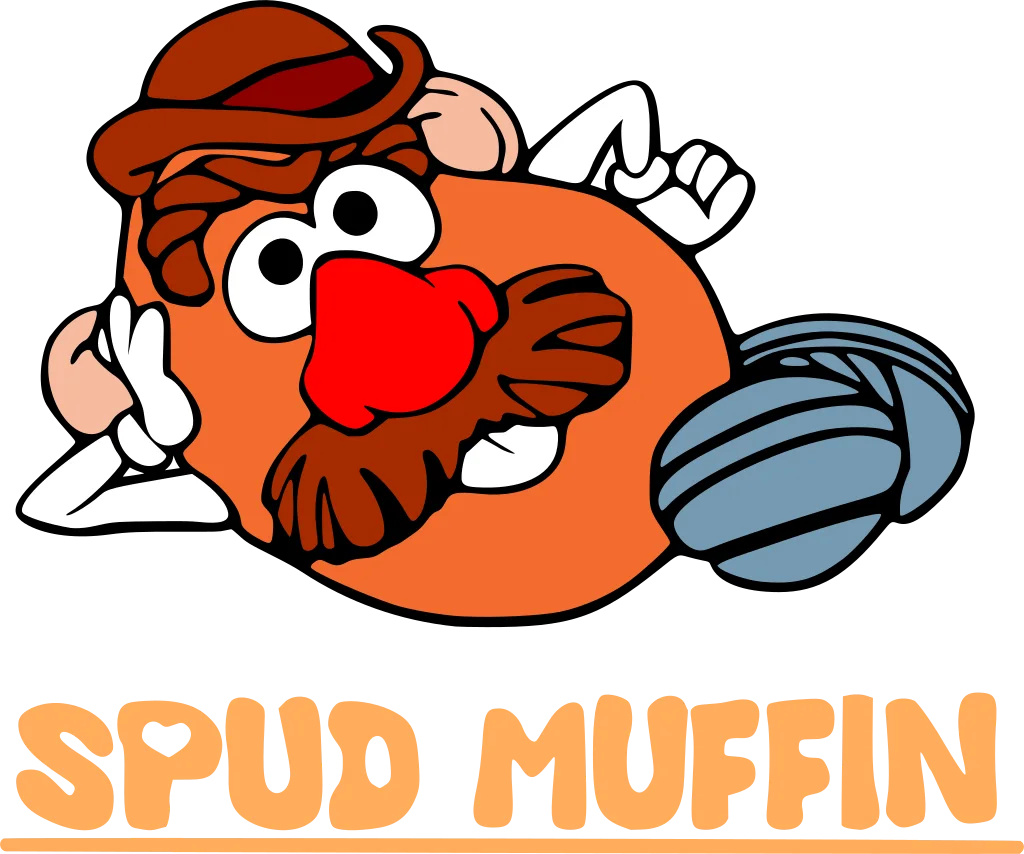 Red-haired cartoon character leaning over an orange rounded figure above “Spud Muffin” lettering.