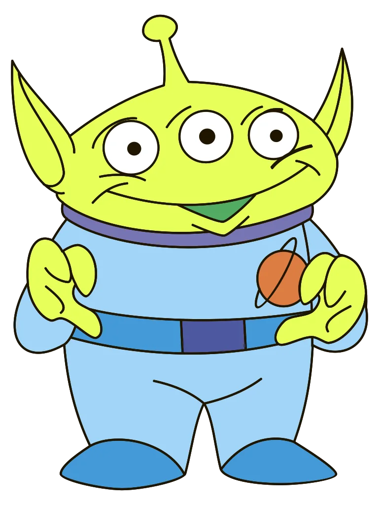 Small lime-green cartoon alien with three eyes, wearing a blue outfit.