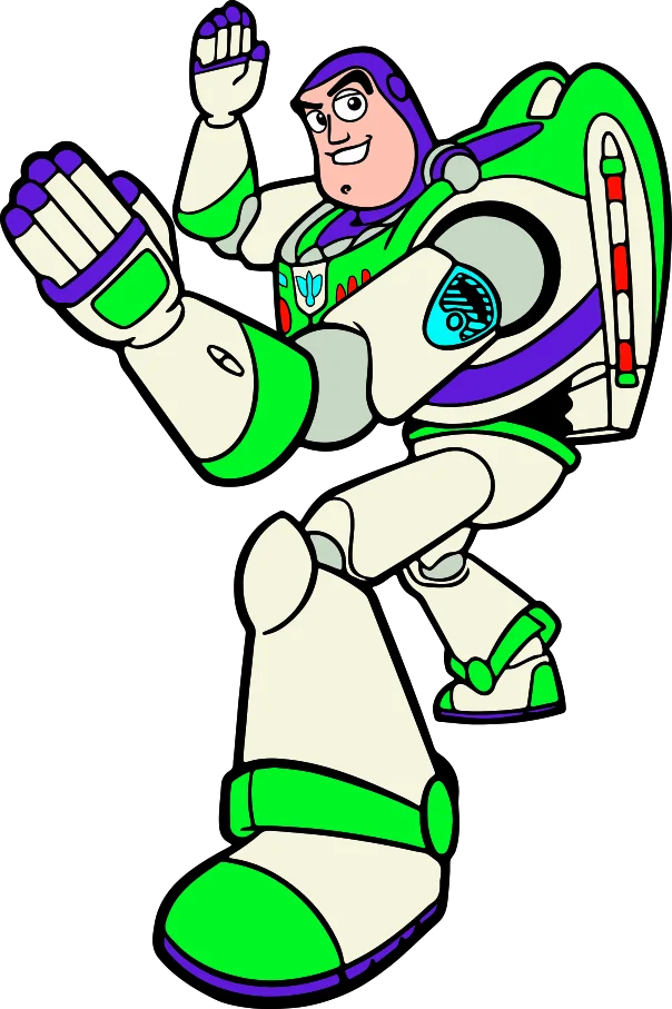 Cartoon figure in a white, green and purple space suit, raising one hand.