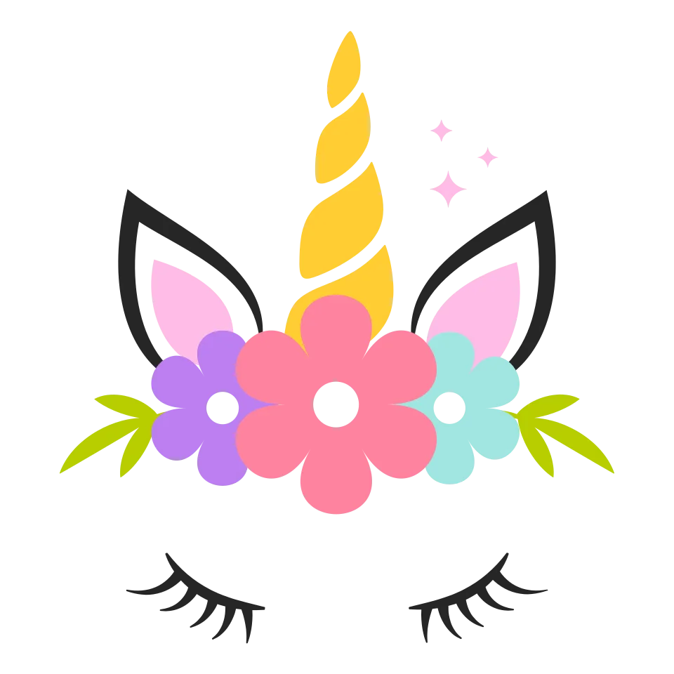 Closed-eye unicorn face with a pastel flower crown, long lashes and a striped golden horn.
