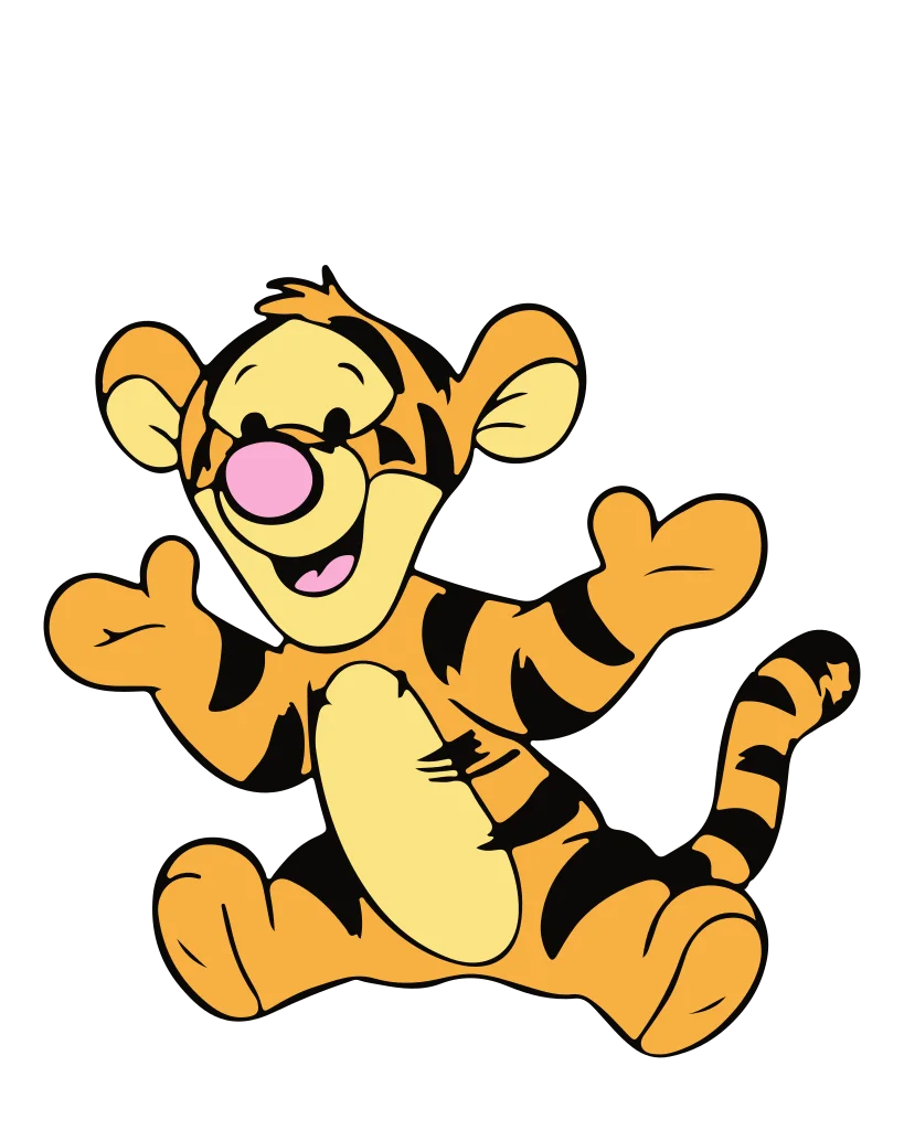 Orange-and-black striped cartoon tiger sitting with a friendly expression.