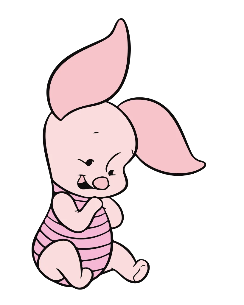 Small pink cartoon bunny with long ears, wearing a striped outfit.