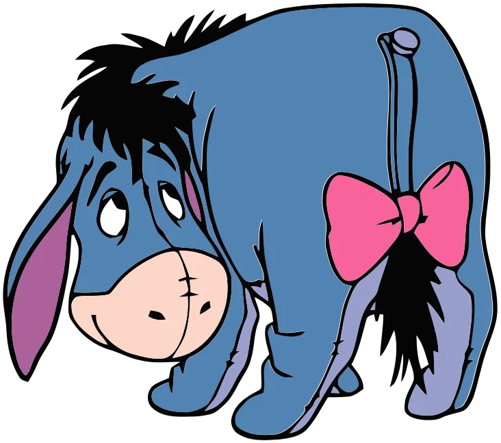 Close-up of a blue cartoon donkey face with dark mane and a large pink bow.