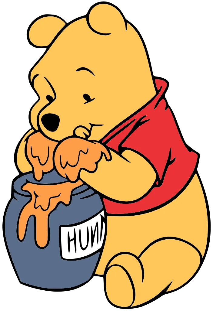Golden cartoon bear in a red shirt leaning over a small honey pot.