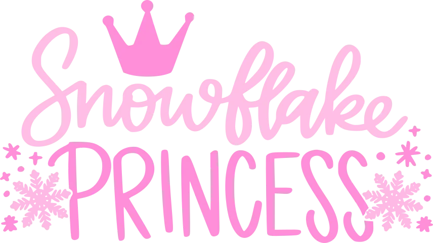 Pink “Snowflake Princess” lettering with a crown, small snowflakes and decorative dots.