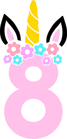 Large pink number eight topped with a unicorn horn, ears and a small pastel flower crown.